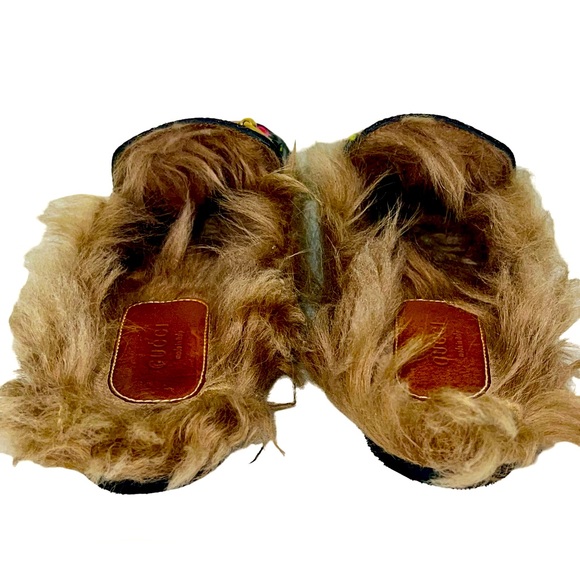 GUCCI PRINCETOWN TAPESTRY BROCADE FUR FLORAL MULE SLIPPERS - Picture 5 of 7